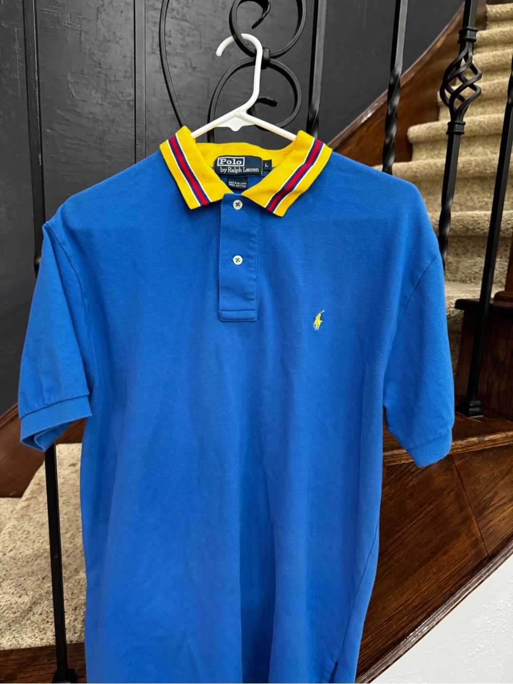 Large Polo by Ralph Lauren Blue Polo Shirt with Yellow Trim Collar